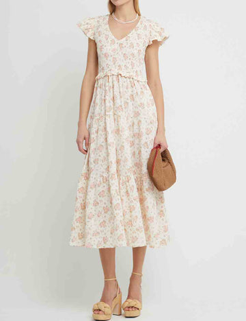 Ladies V-Neck Floral Print Ruffle Short Sleeves Midi Dress