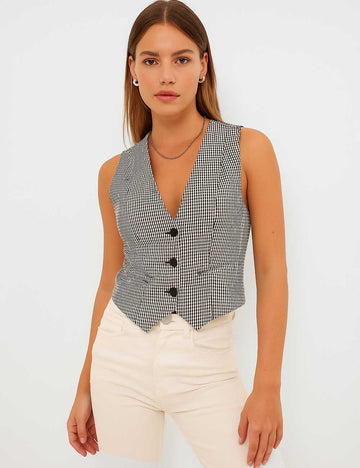 Ladies Striped V-Neck Button Cropped Waistcoat Top