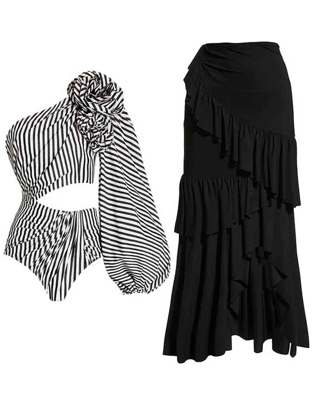 Ladies Striped Print Big Flower One Piece Swimwear with Salong