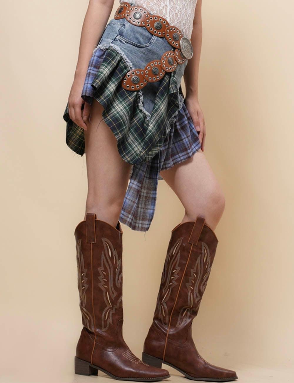 Ladies Denim Splice Plaid Inregular Mini Skirt SKS4976