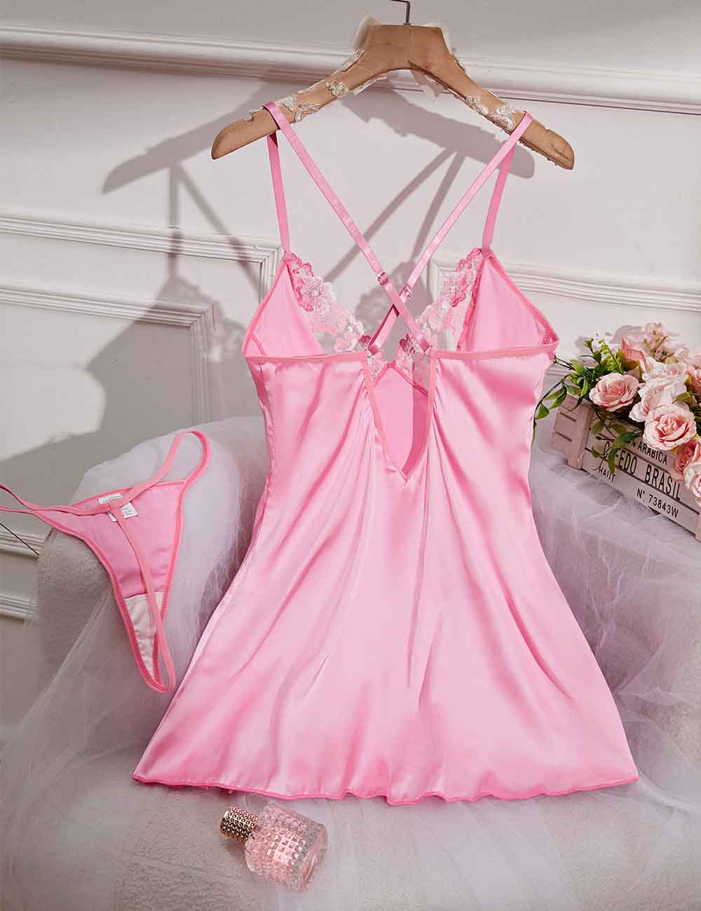 Ladies V-Neck Embroidery Backless Crossover Chemise Set