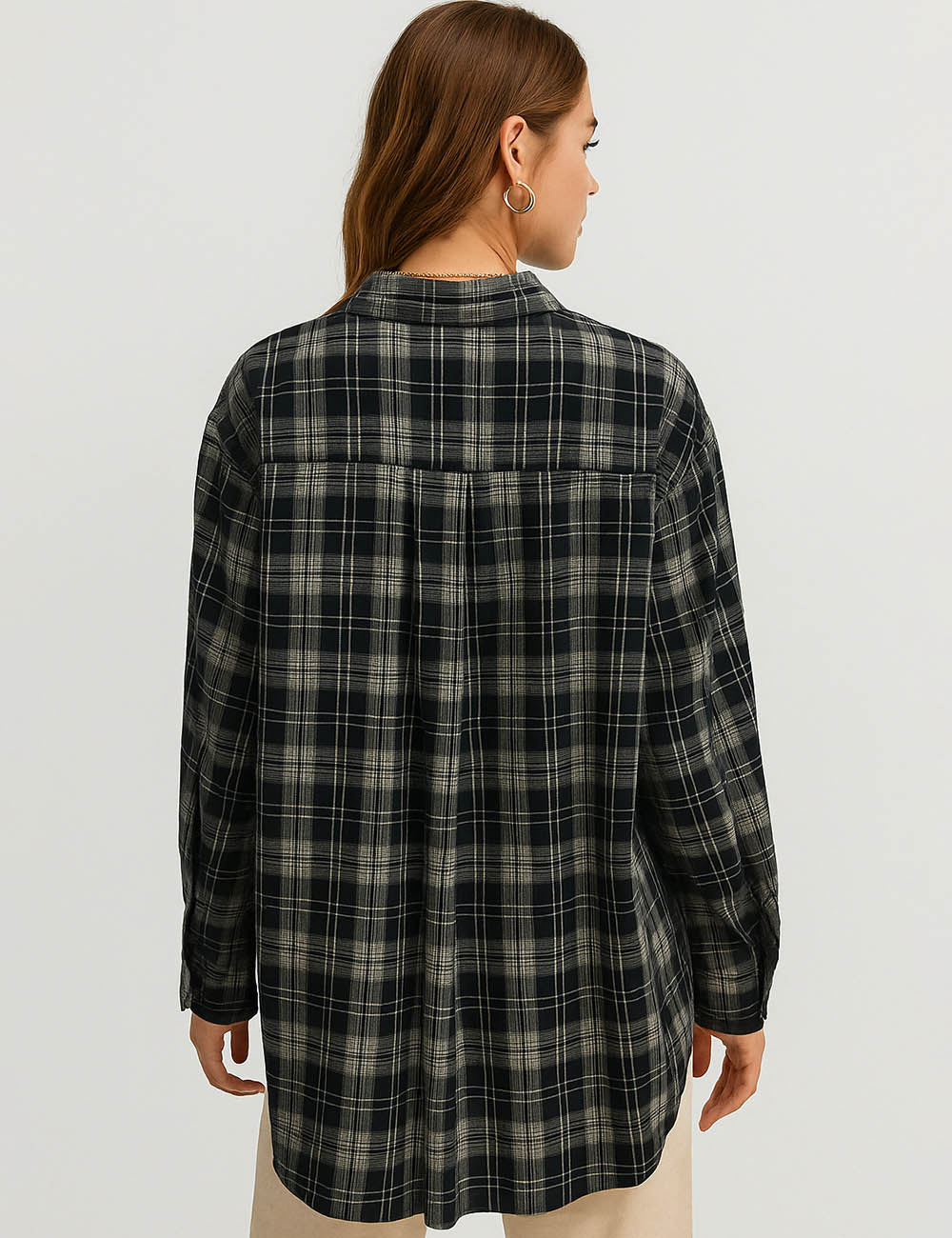 Ladies Plaid Print Tiered Ruffle Trim Button Down Shirt