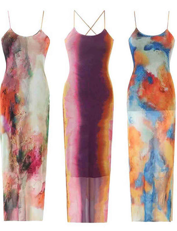 Ladies Multicolor Print String Shoulder Mesh Maxi Dress
