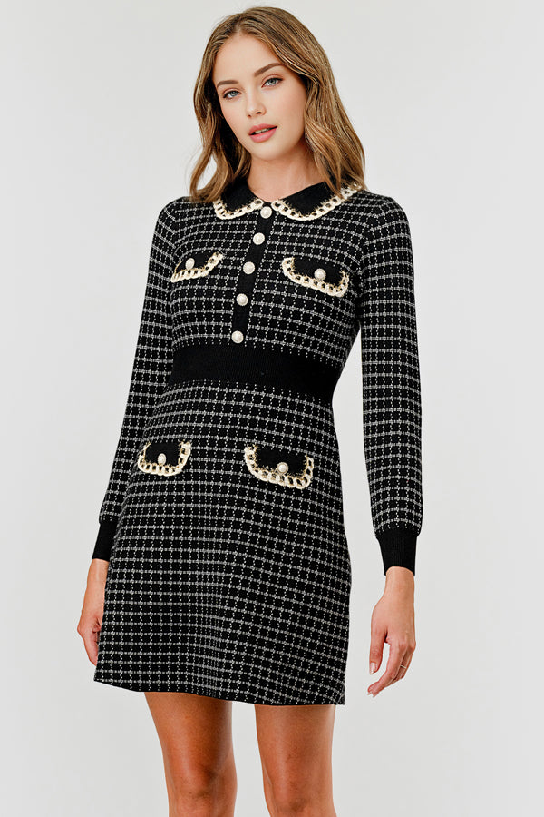 Plaid Knit Sweater Dress with Embellishment