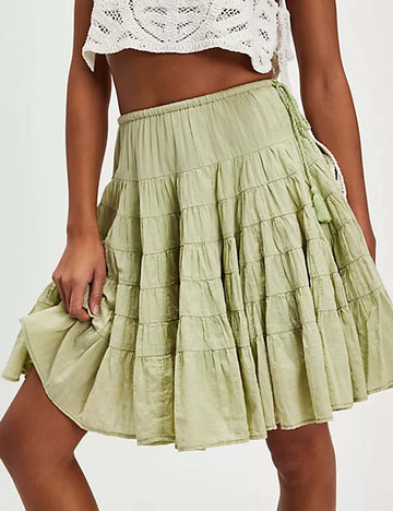 Ladies Solid Color Layered Pleats Midi Skirt Ruffle Skirt