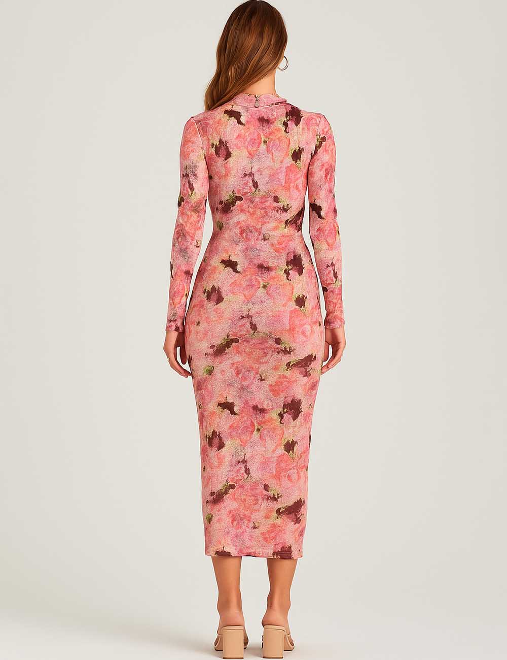 Women Floral Print Turtleneck Bodycon Maxi Dress