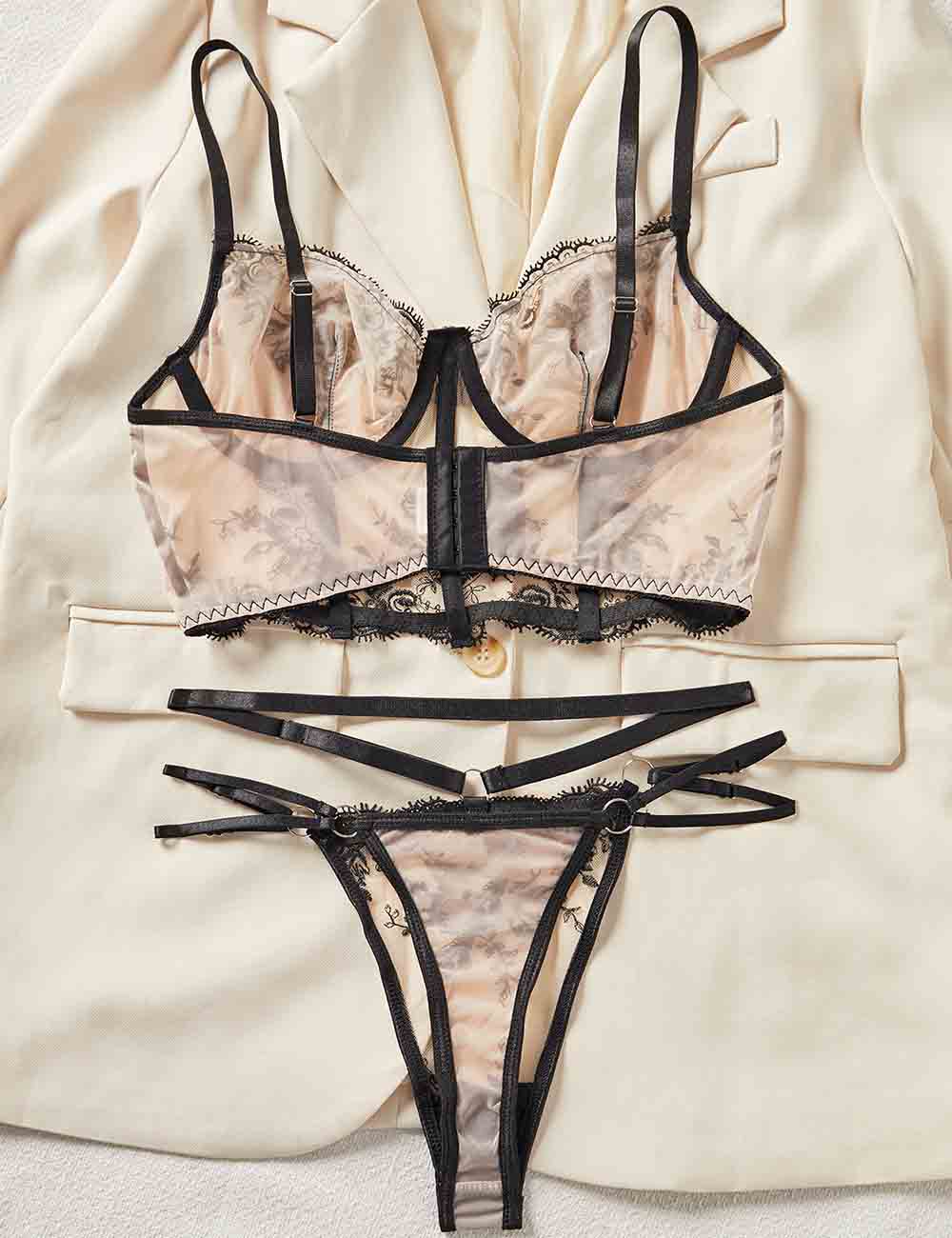 Ladies Sexy Sheer Embroidery Strappy Bra Thong Lingerie Set