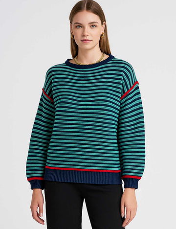 Ladies Striped Round Neck Dropped Shoulder Knit Sweater
