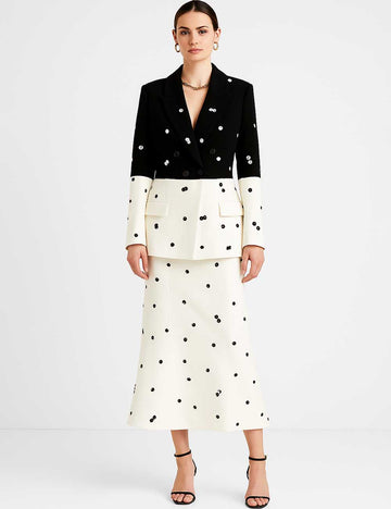 Ladies Sequin Notched Lapel Blazer & Maxi Skirt 2PCS Suit