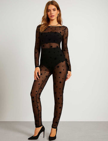 Ladies See Sheer Star Round Neck Long Sleeves Bodysuit