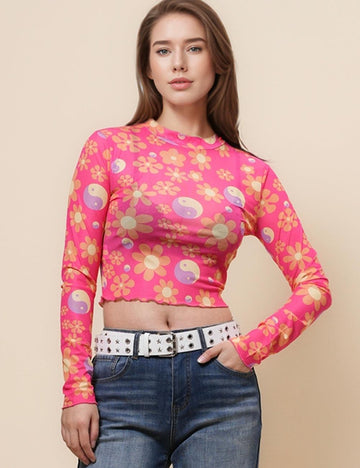 Ladies Flower See Sheer Mesh Layring Top Pullover Blouse SKT4963