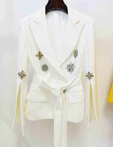 Ladies Rhinestone Waist Belt Long Sleeves Vent Long Blazer