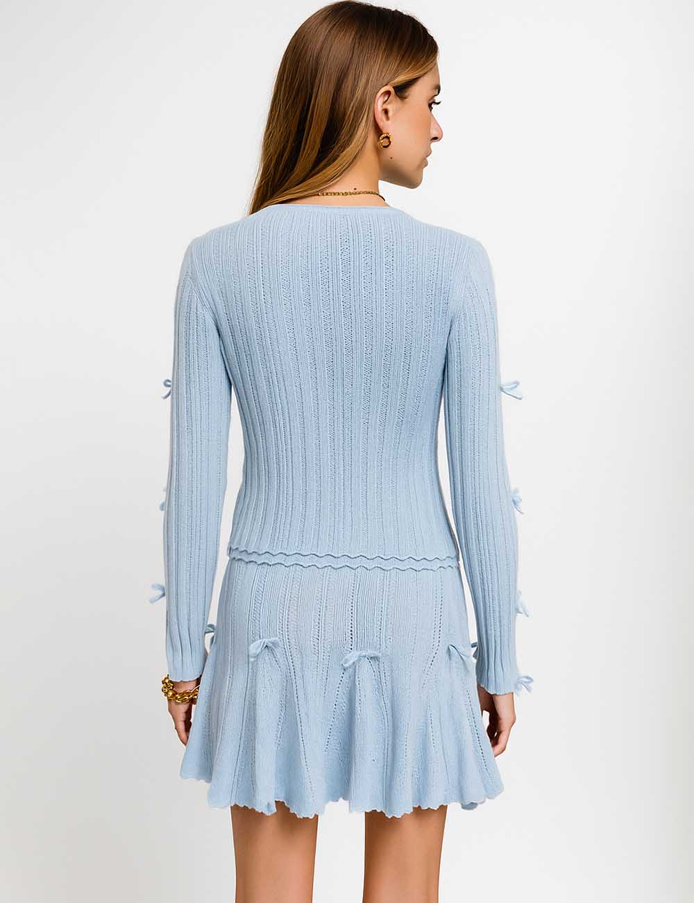 Ladies Bowknot Knit Cami Top & Button Cardigan & Mini Skirt Set