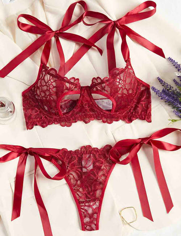 Ladies Floral Lace See Through 2PCS Lingerie Set 8HF4188