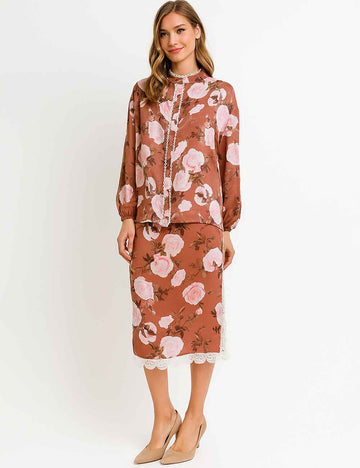 Ladies Floral Print Lace Trim Button Blouse & Skirt Set
