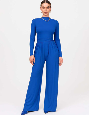 Ladies Ruched Mock Neck Wide Leg Jumpsuit