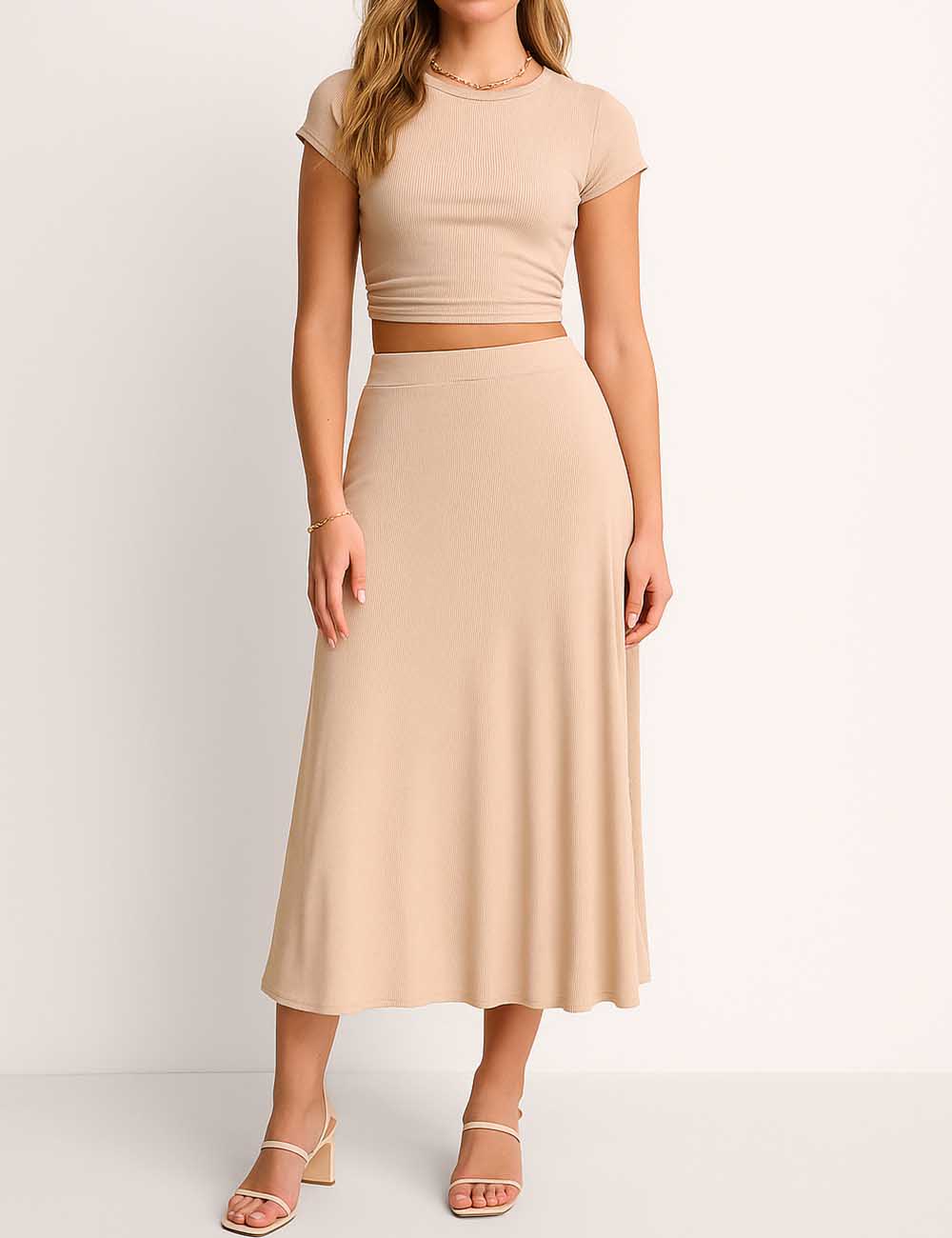 Ladies Knit Cap Sleeves Top & Maxi Skirt Set