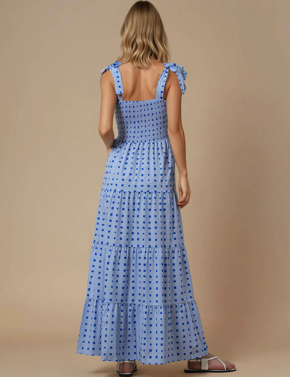Ladies Summer Smocking Print Ruffle Maxi Dress P1333