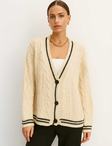 Ladies Cable Knit Striped Trim V-Neck Cardigan