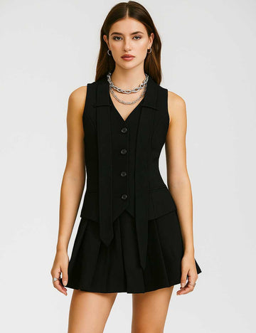 Ladies V-Neck Tie Blazer Vest Pleated Mini Skirt 2PCS Set