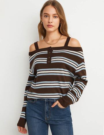 Ladies Stripe Everyday Pullover Color Block Long Sleeves Top