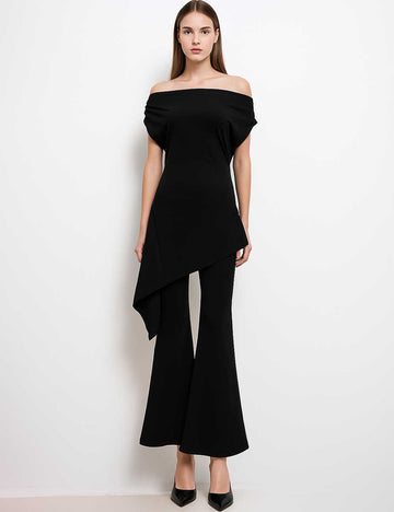 Ladies Irregular Hem Off-Shoulder Bell Leg Top & Pants Set