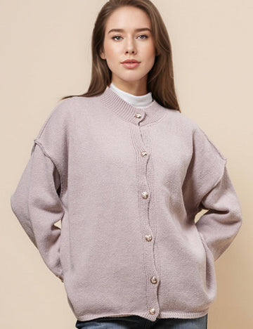 Ladies Mock Neck Sweater Golden Botton Cardigan SKT4933
