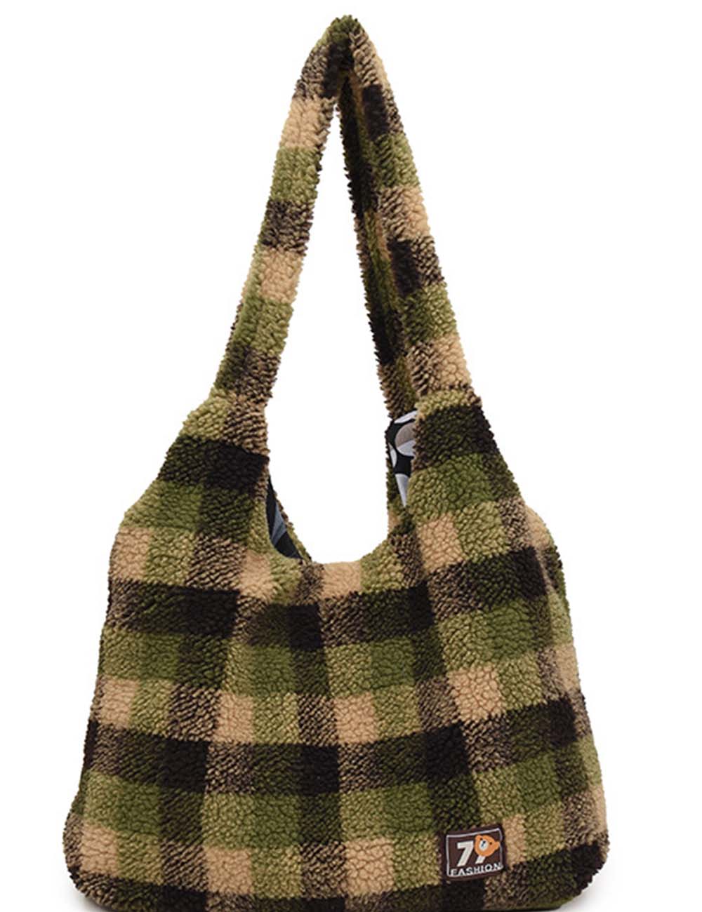 Ladies Sherpa Hanging Bag Plaid Pattern Shoulder Bag
