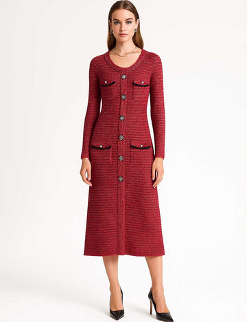 Ladies Round Neck Button Hip Wrap Knit Midi Dress