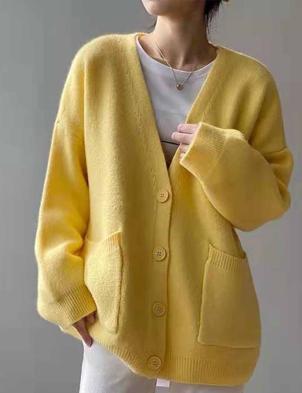 Ladies Solid Color V-Neck Button Long Sleeves Sweater Cardigan