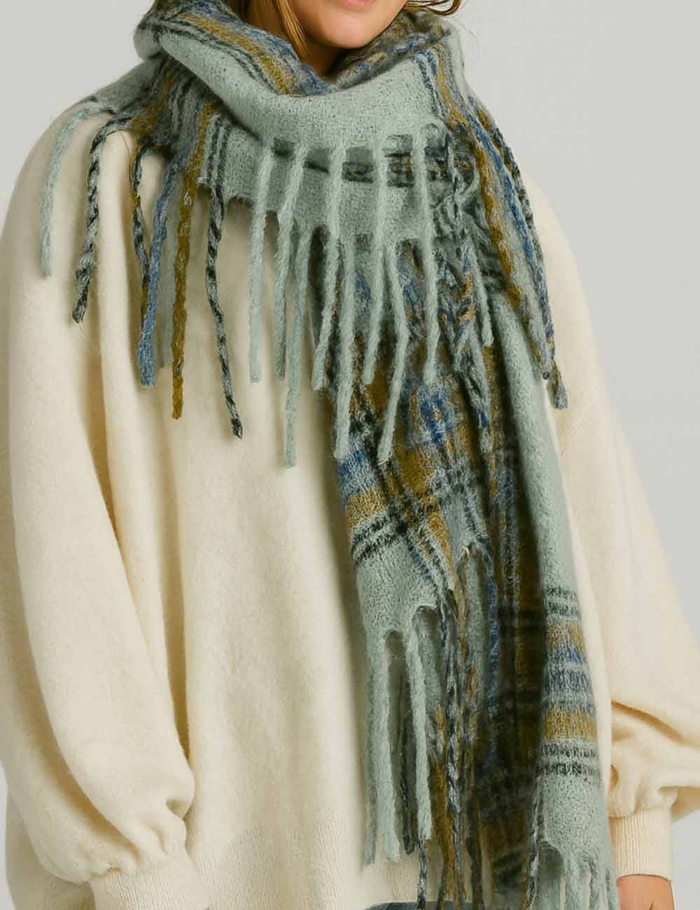 Ladies Winter Plaid Loop Yarn Fringe Knit Scarf