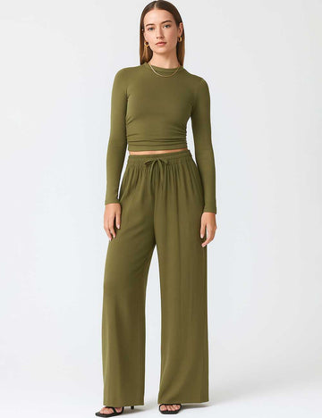 Ladies Stretch Ruched Long Sleeves Cropped Top & Pants Set