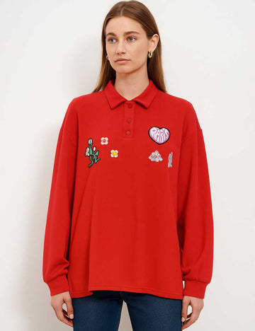 Ladies Colorful Patch Polo Collar Long Sleeves Sweatshirt
