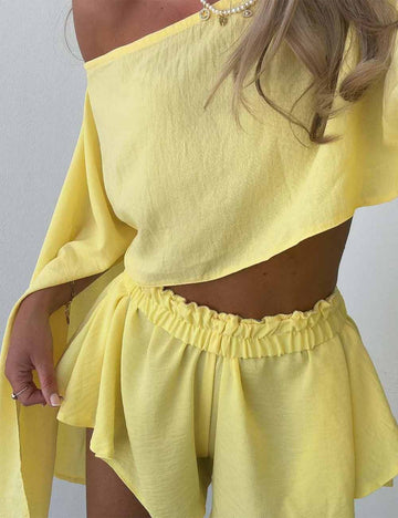 Ladies Solid Color Off-Shoulder Long Sleeves Cropped Top & Shorts Set