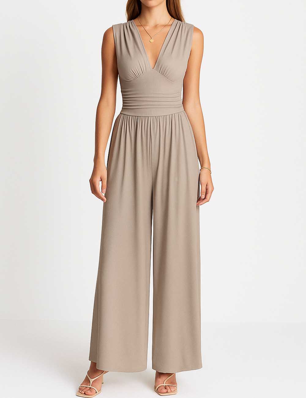 Ladies Ruched Deep V-Neck Sleeveless Wide Leg Jumpsuit