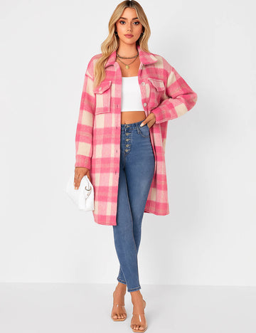 Ladies Checked Shirt Button Down Flap Pocket Mohair Coat