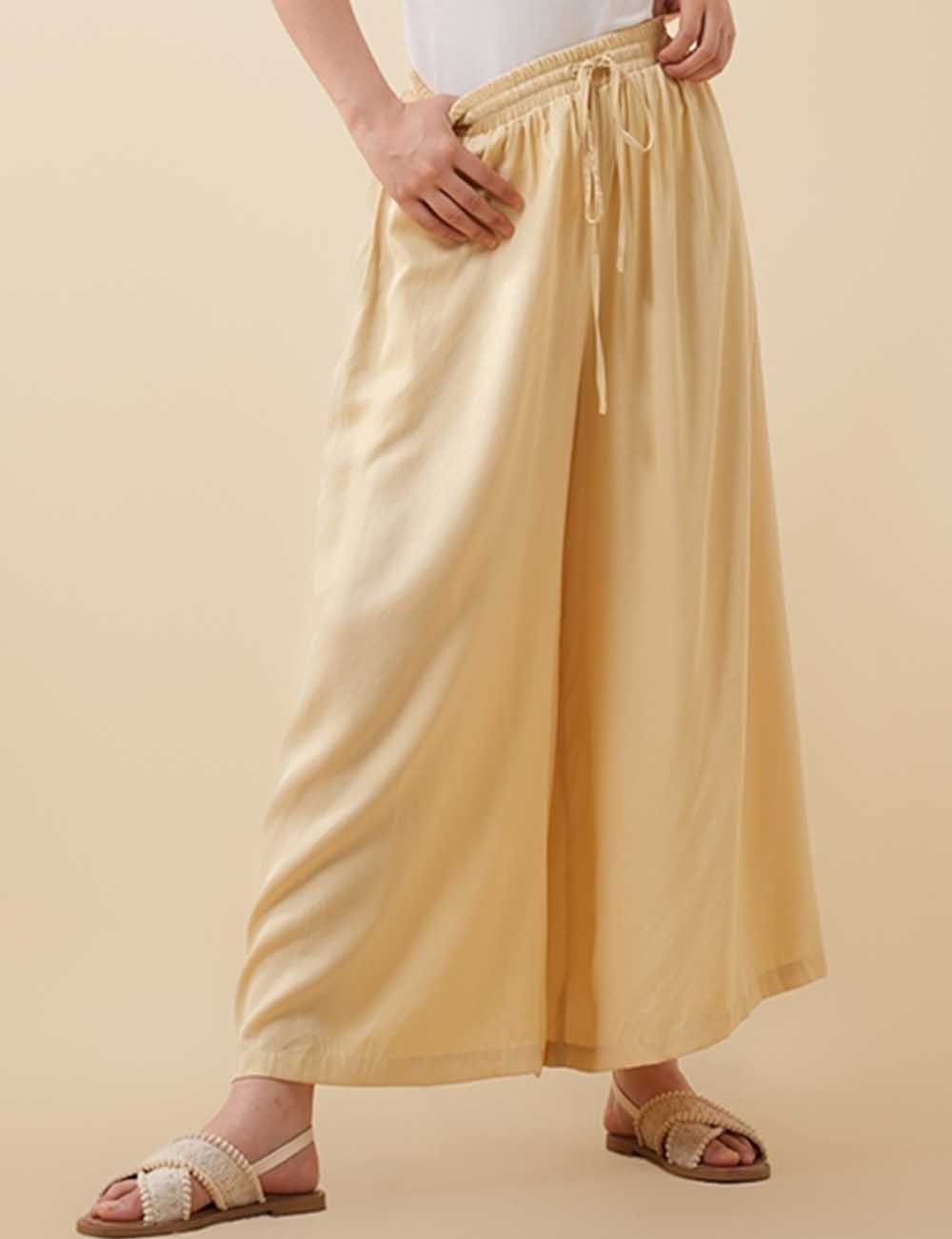 Ladies Solid Color Elastic Waist Pocket Wide Leg Pants