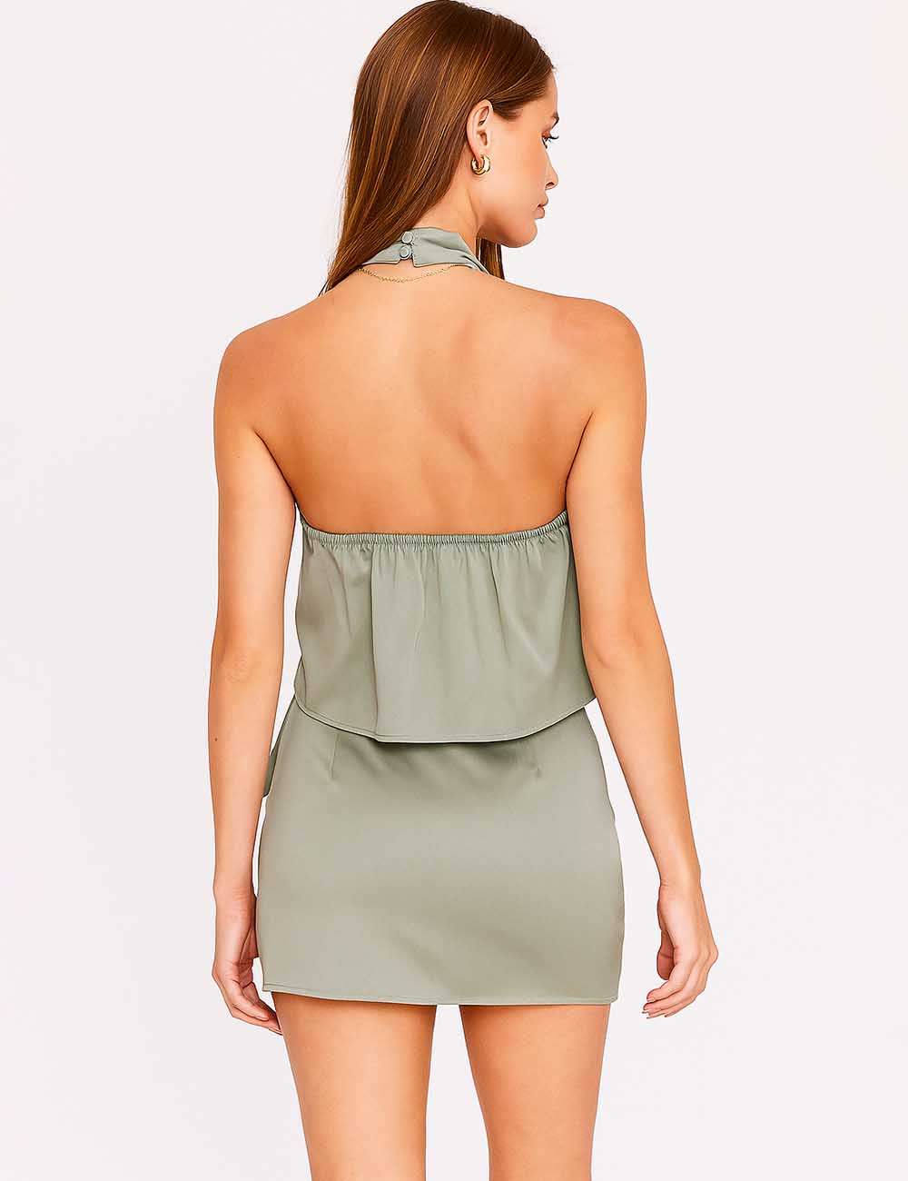 Ladies Satin Ruched Neckline Tie Waist Top & Skirt Set