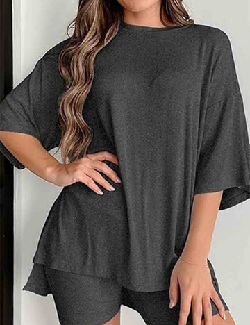 Ladies Round Neck Solid Color Short Sleeves Top & Shorts 2PCS Set