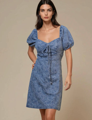 Ladies Square Neck Bubble Sleeves Denim Mini Dress SKD50007