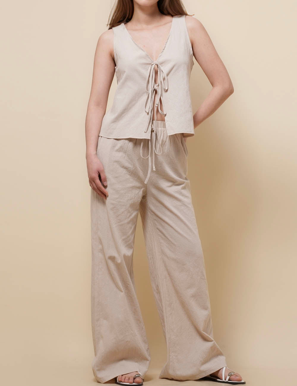 Ladies V-Neck Sleeveless String Tie Top & Pants Set SKST51089