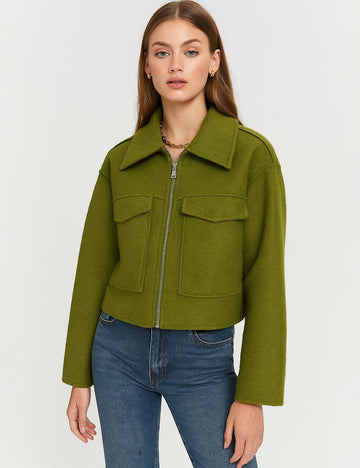 Ladies Turn Down Collar Boxy Cropped Wool Blend Jacket