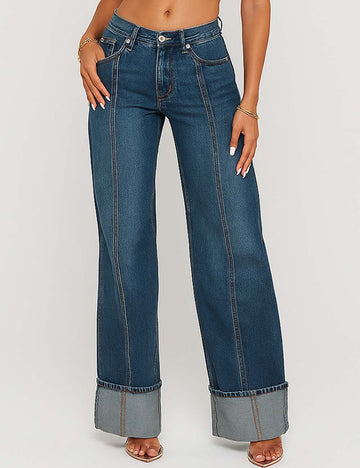 Ladies Stitch Button Front Wide Leg Denim Pants