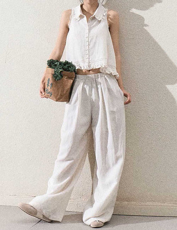 Ladies Turndown Collar Ruffle Tank Top & Pants 2PCS Set