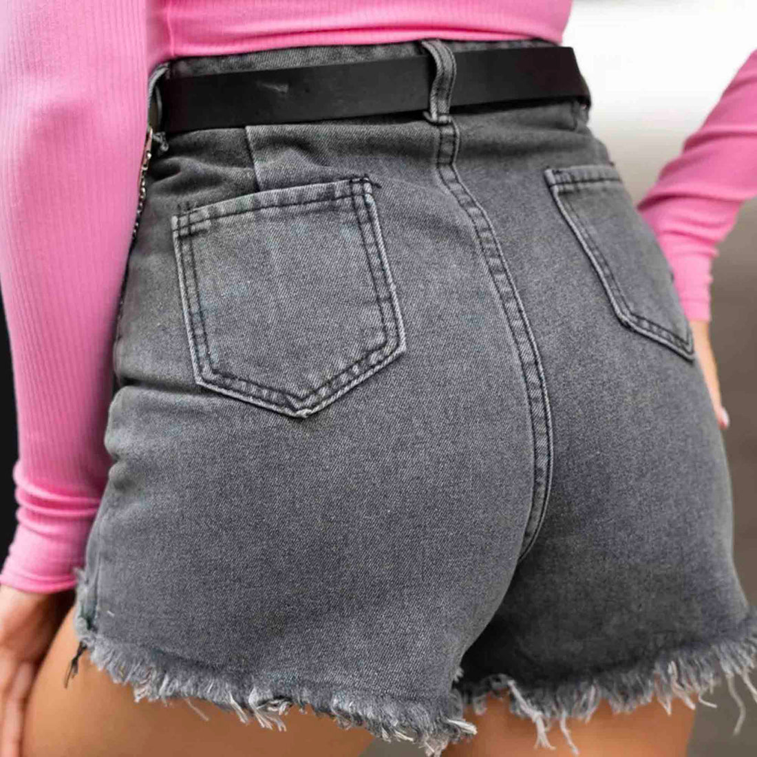 Ladies Distressed Raw Edge Denim Mini Skort