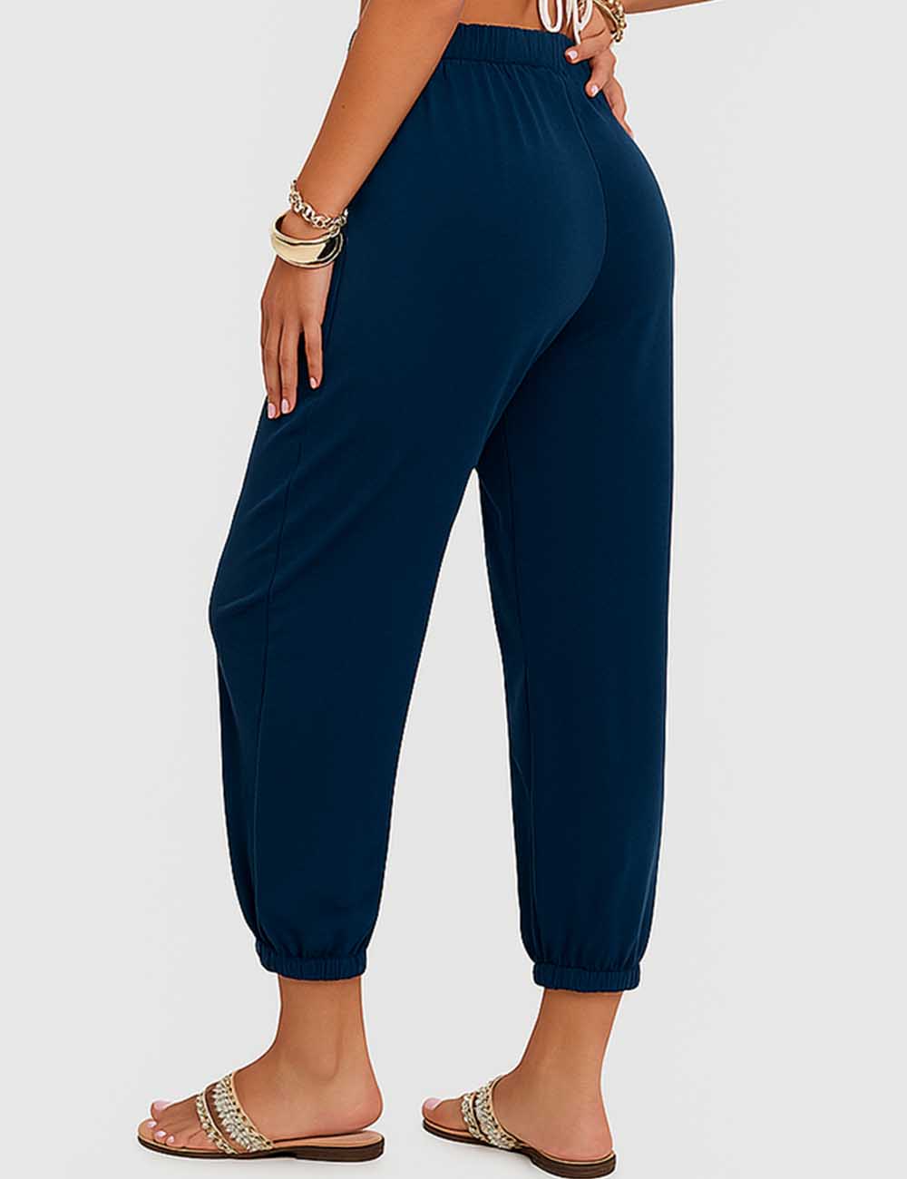 Ladies Elastic Waist Drawstring Pocket Cropped Tapered Pants