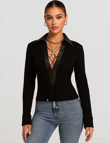 Ladies PU Leather Deep V-Neck Cross Strap Lace Up Top