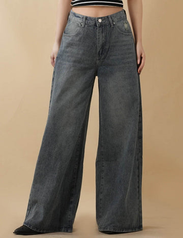 Ladies Distressed Wide Leg Button Pocket Denim Pants
