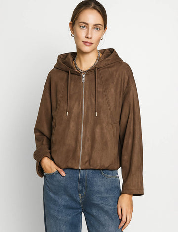 Ladies Suede Hooded Collar Long Sleeves Zipper Front Jacket