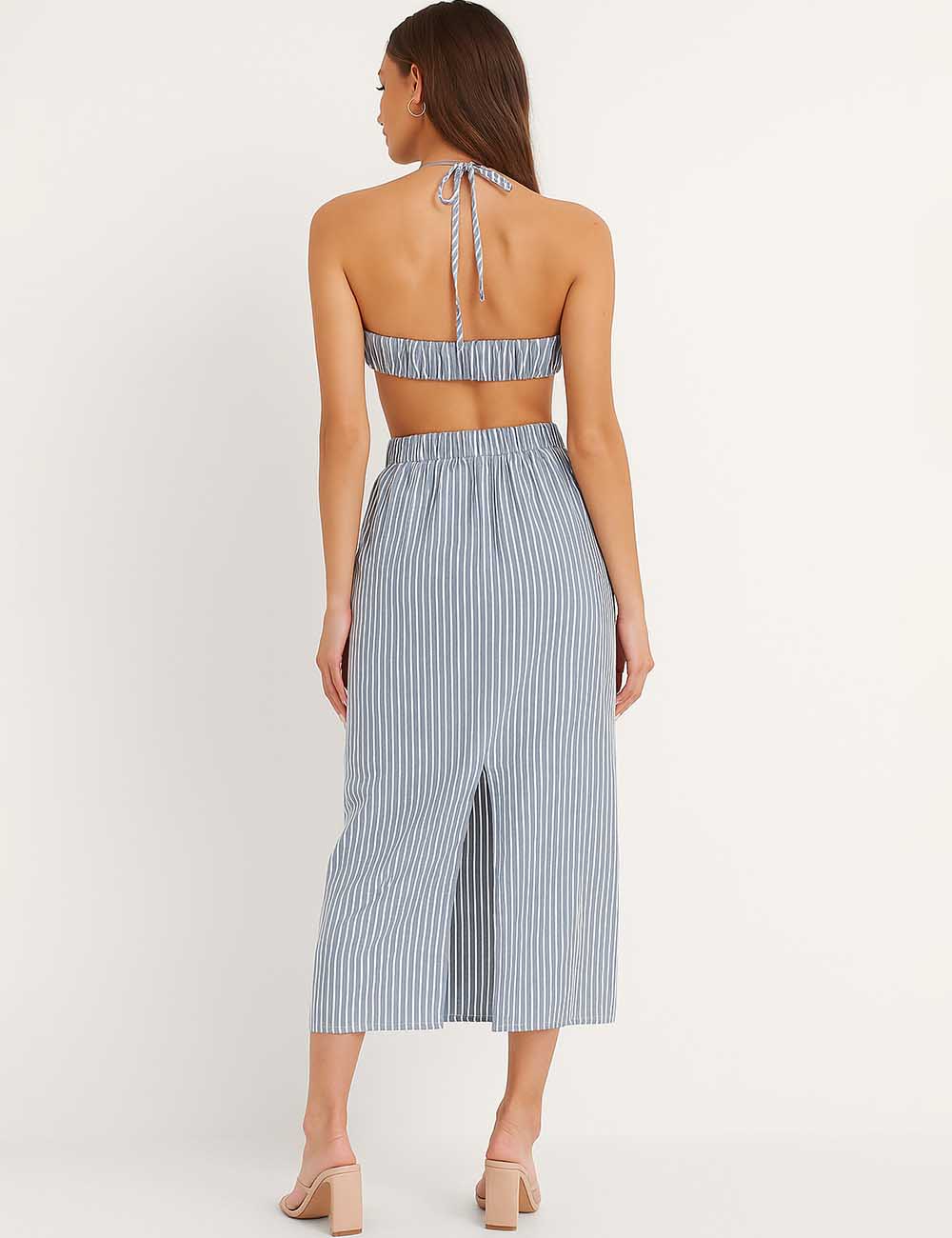 Ladies Striped Halter Tie Crisscross Cut-Out Maxi Dress
